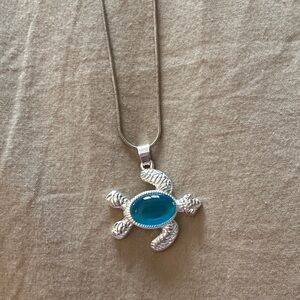 Silver Turtle Necklace with Blue Cabochon Pendant